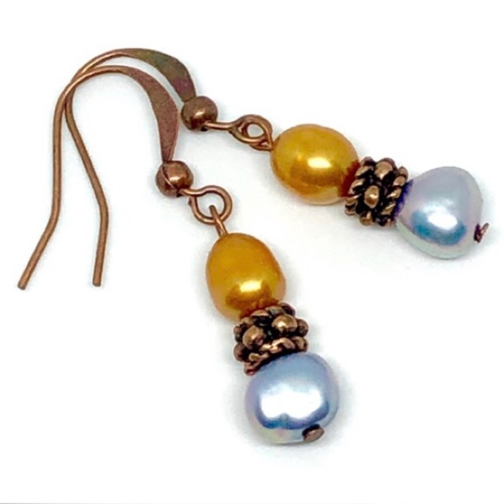 Deep Gold Lavender Blue Freshwater Pearl Antique Copper Tone Accent Earrings